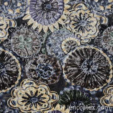 Tissu à paillettes à la broderie florale de polyester en maille florale